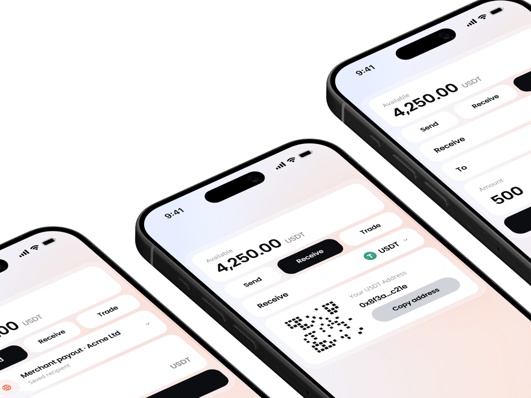 XCHANGE wallet on three phones: USDT balance, receive address, send